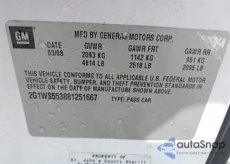 2008 Chevrolet Impala Police z USA, uszkodzony, nr VIN 2G1WS553881251667